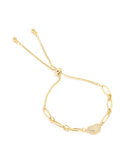 Gold Plated Brass Cubic Zirconia Pebble Chain Link Toggle Bracelet