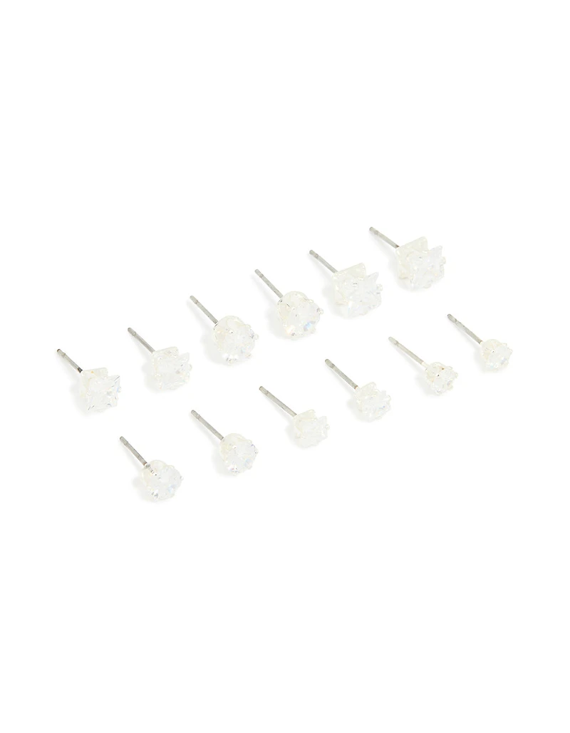 Silver Multi-Shape Cubic Zirconia Stud Earrings 6-Pack