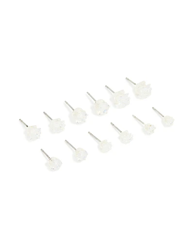 Silver Multi-Shape Cubic Zirconia Stud Earrings 6-Pack