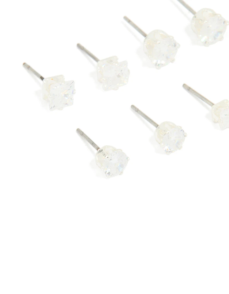 Silver Multi-Shape Cubic Zirconia Stud Earrings 6-Pack