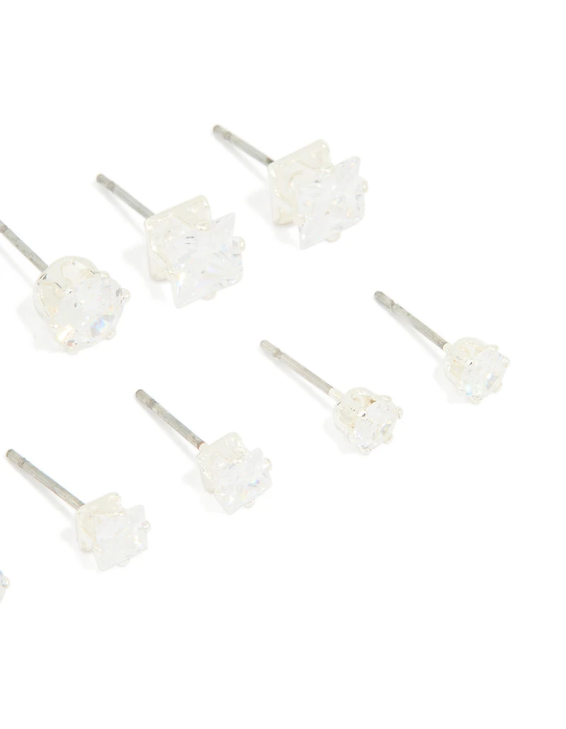 Silver Multi-Shape Cubic Zirconia Stud Earrings 6-Pack