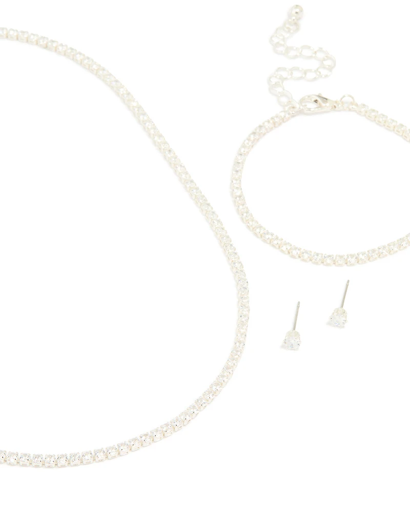 Silver Cubic Zirconia Tennis Necklace, Bracelet & Earrings Set