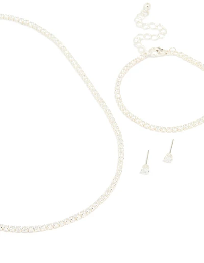 Silver Cubic Zirconia Tennis Necklace, Bracelet & Earrings Set