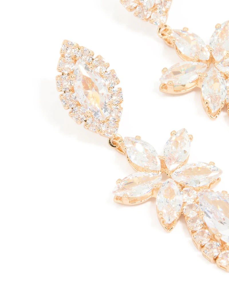 Gold Cubic Zirconia Statement Flower Drop Earrings