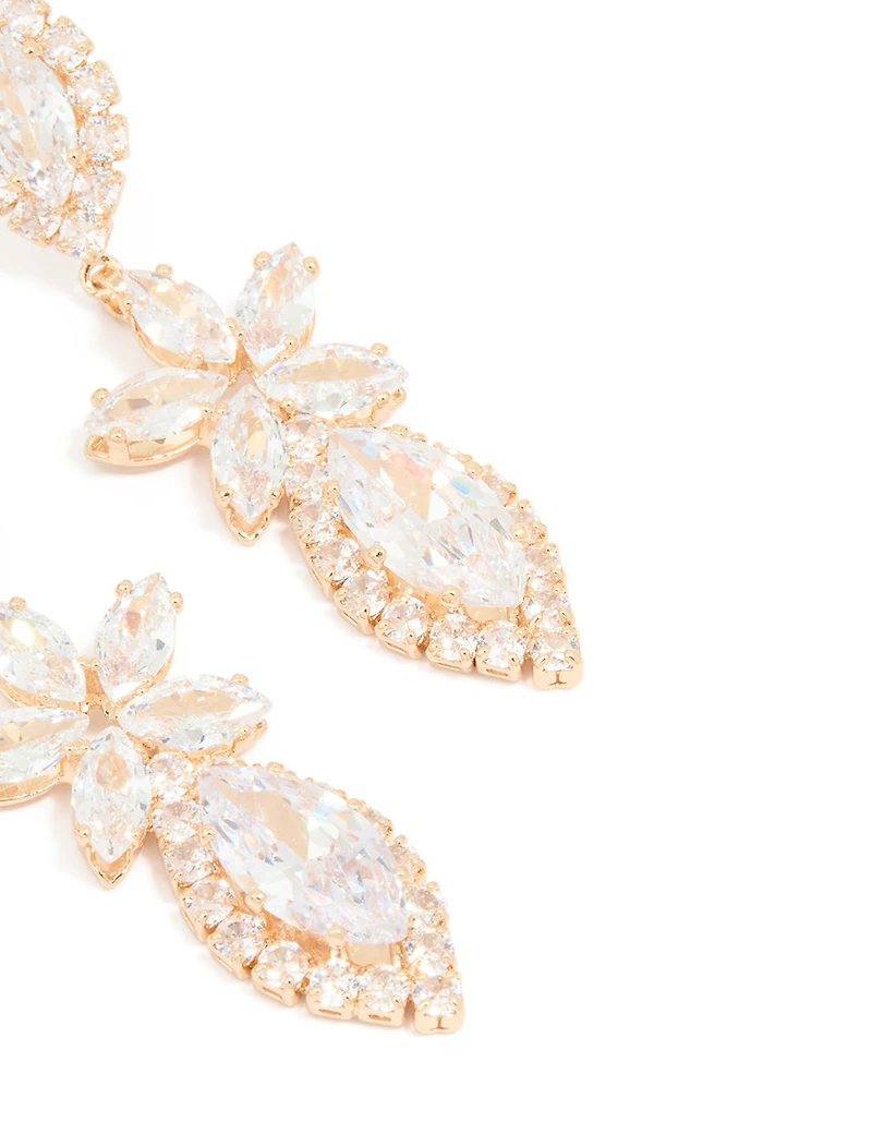 Gold Cubic Zirconia Statement Flower Drop Earrings