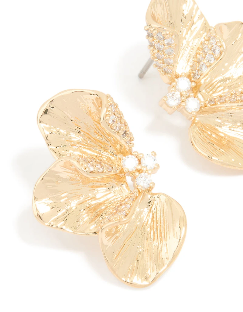 Gold Cubic Zirconia Flower Stud Earrings