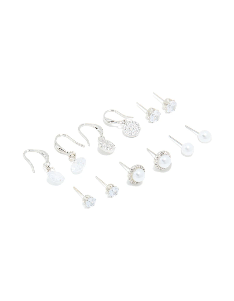 Silver Pearl & Cubic Zirconia Earrings 6-Pack