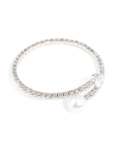 Poignet rond en perle en zircone cubique argenté