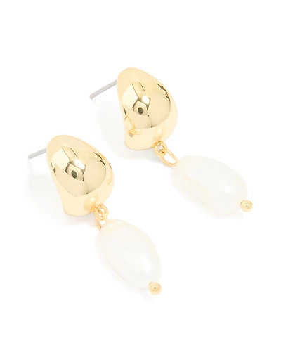 Gold Plated Freshwater Pearl Drop Hoop Earrings