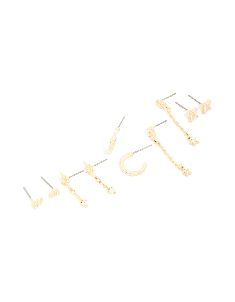 Gold Plated Dainty Celestial Mix Earrings 5-Pack