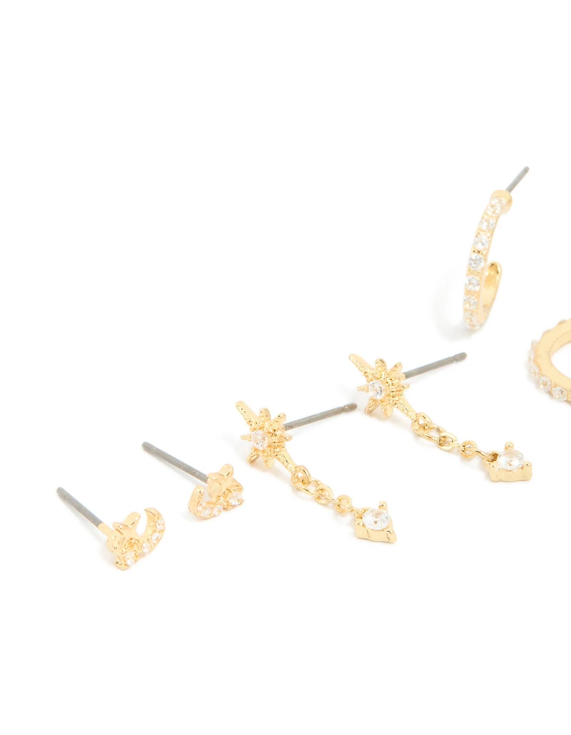Gold Plated Dainty Celestial Mix Earrings 5-Pack