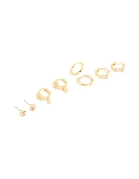 Gold Plated Cubic Zirconia Flower Huggie Earrings 4-Pack