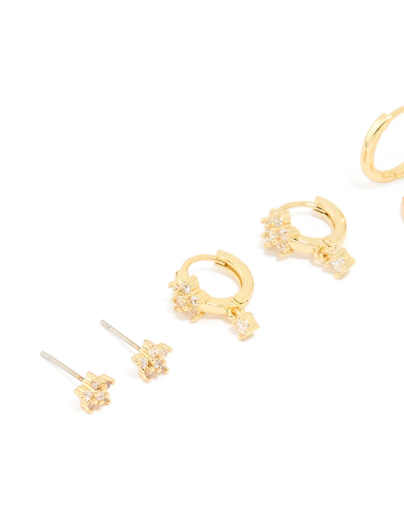 Gold Plated Cubic Zirconia Flower Huggie Earrings 4-Pack