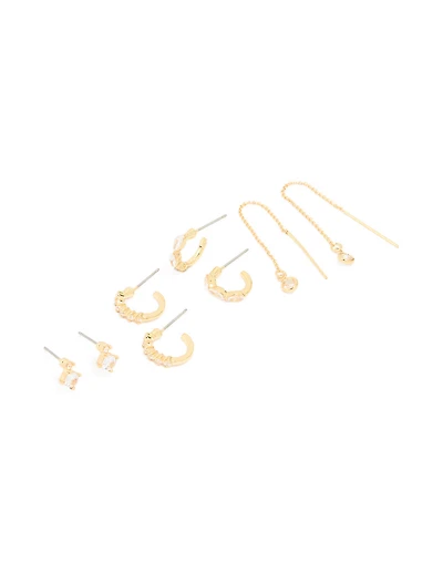 Gold Plated Cubic Zirconia Threader & Huggie Earrings 4-Pack