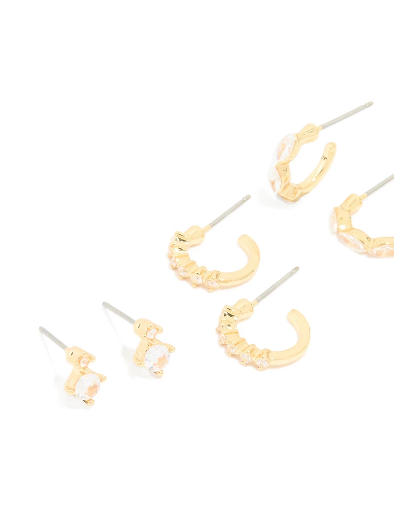Gold Plated Cubic Zirconia Threader & Huggie Earrings 4-Pack