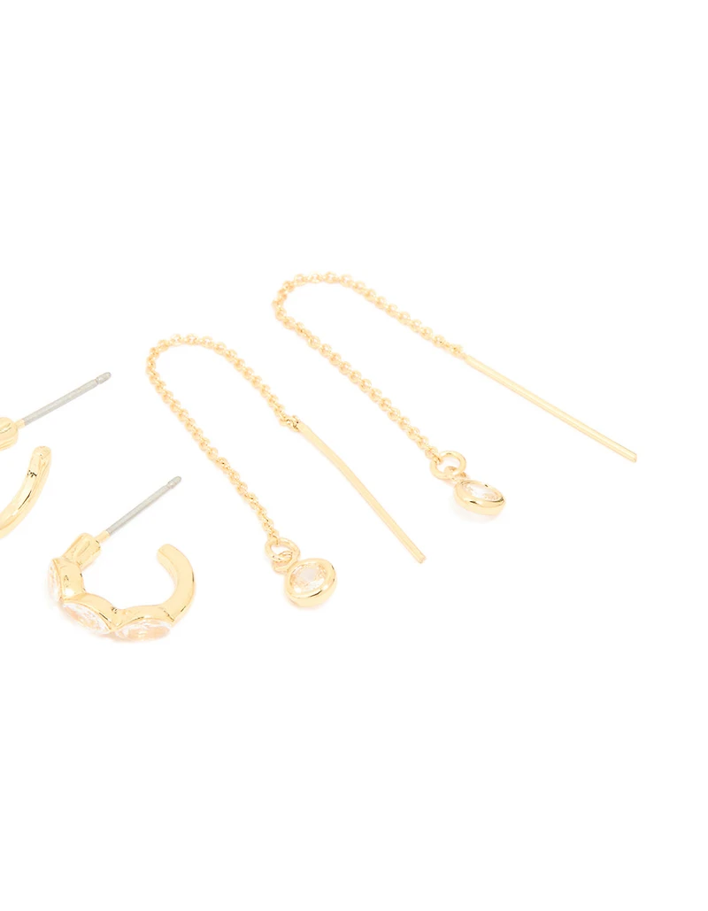 Gold Plated Cubic Zirconia Threader & Huggie Earrings 4-Pack