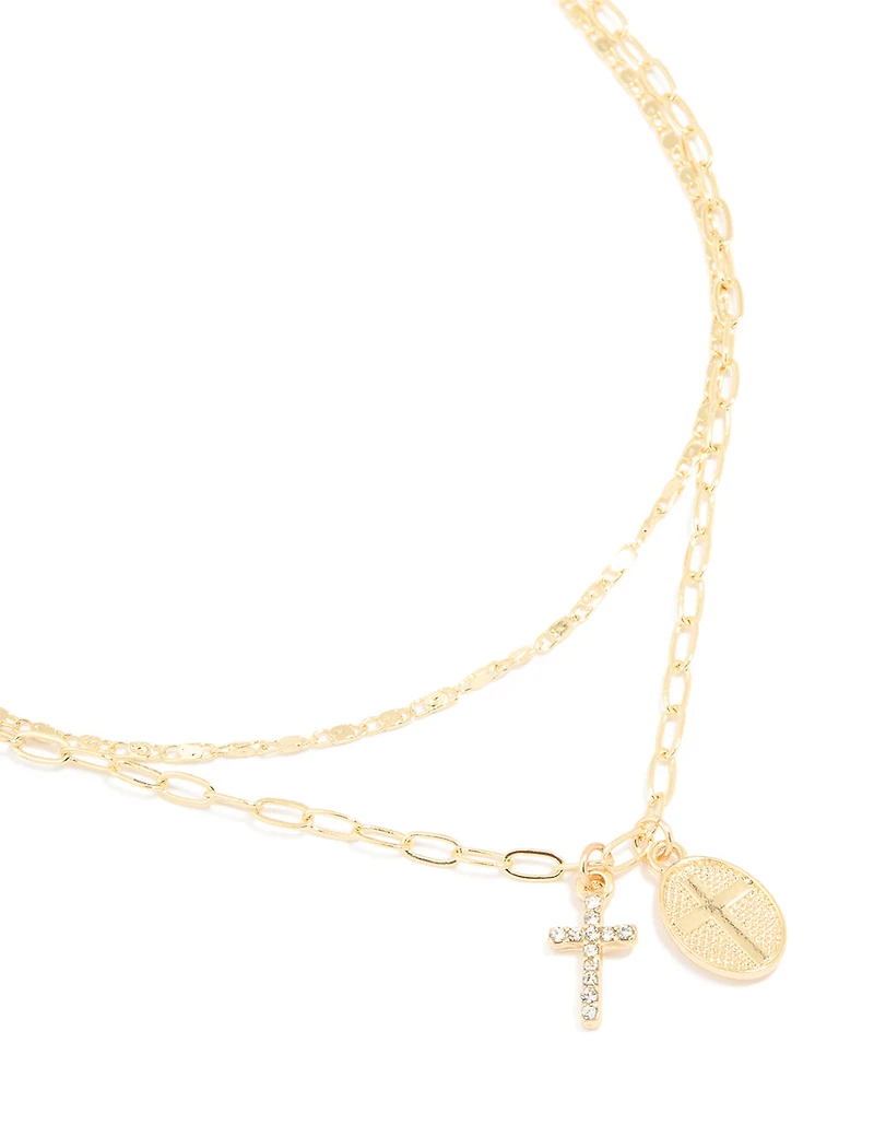 Gold Plated Diamante Cross Pendant Layered Necklace
