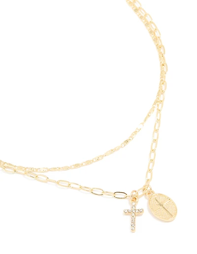 Gold Plated Diamante Cross Pendant Layered Necklace