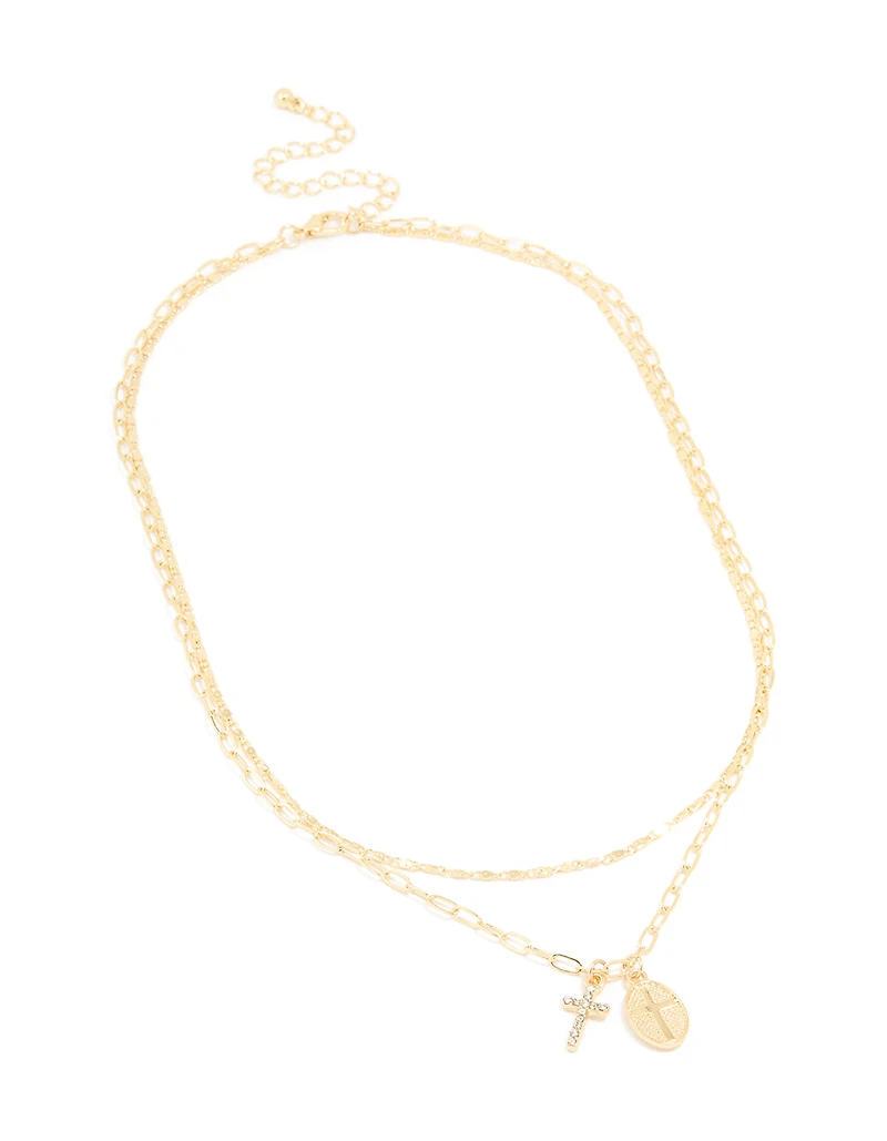 Gold Plated Diamante Cross Pendant Layered Necklace