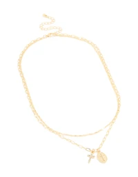 Gold Plated Diamante Cross Pendant Layered Necklace