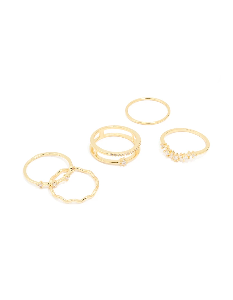 Gold Plated Cubic Zirconia Wavy Adjustable Rings 6-Pack
