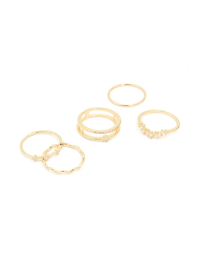 Gold Plated Cubic Zirconia Wavy Adjustable Rings 6-Pack