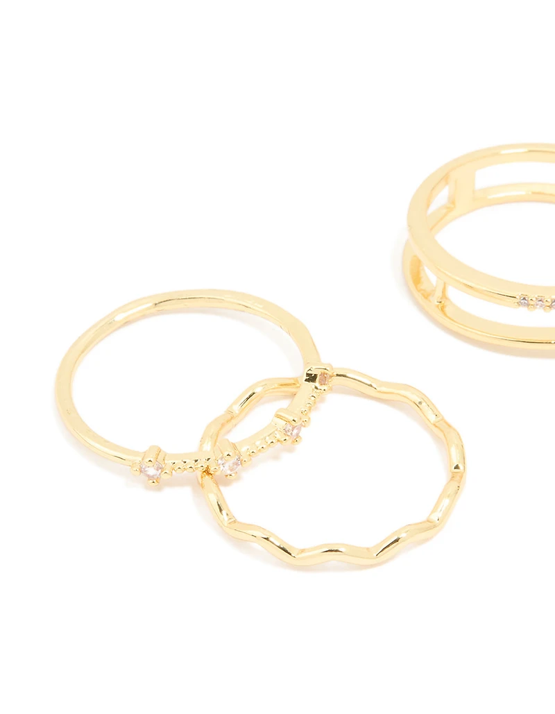 Gold Plated Cubic Zirconia Wavy Adjustable Rings 6-Pack