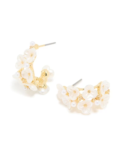 Gold White Acrylic Flowers Hoop Earrings