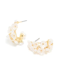 Gold White Acrylic Flowers Hoop Earrings