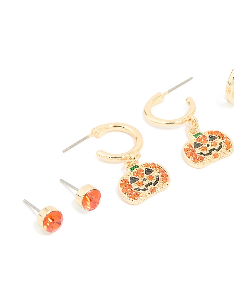 Gold Diamante Pumpkin Earrings 3-Pack