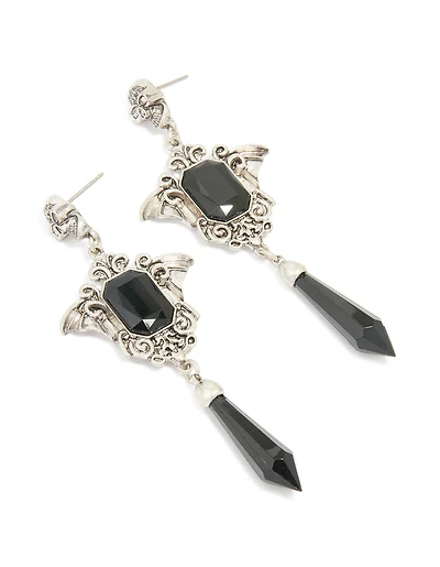 Antique Silver Black Gothic Cross Drop Earrings