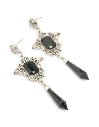 Antique Silver Black Gothic Cross Drop Earrings