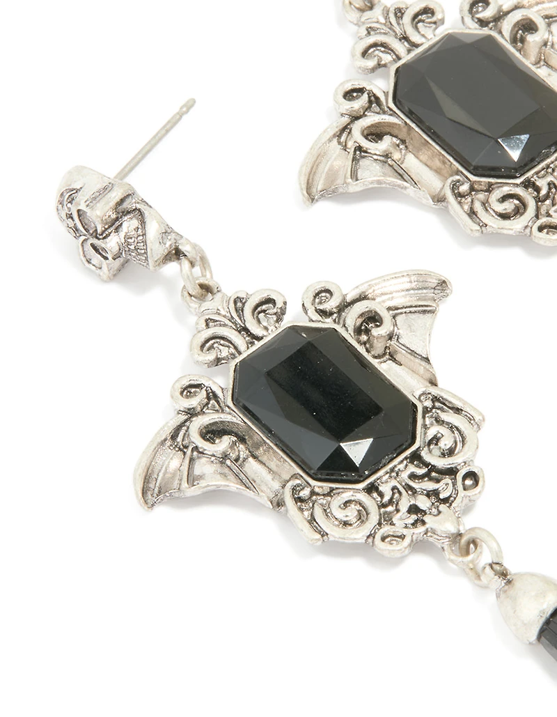 Antique Silver Black Gothic Cross Drop Earrings