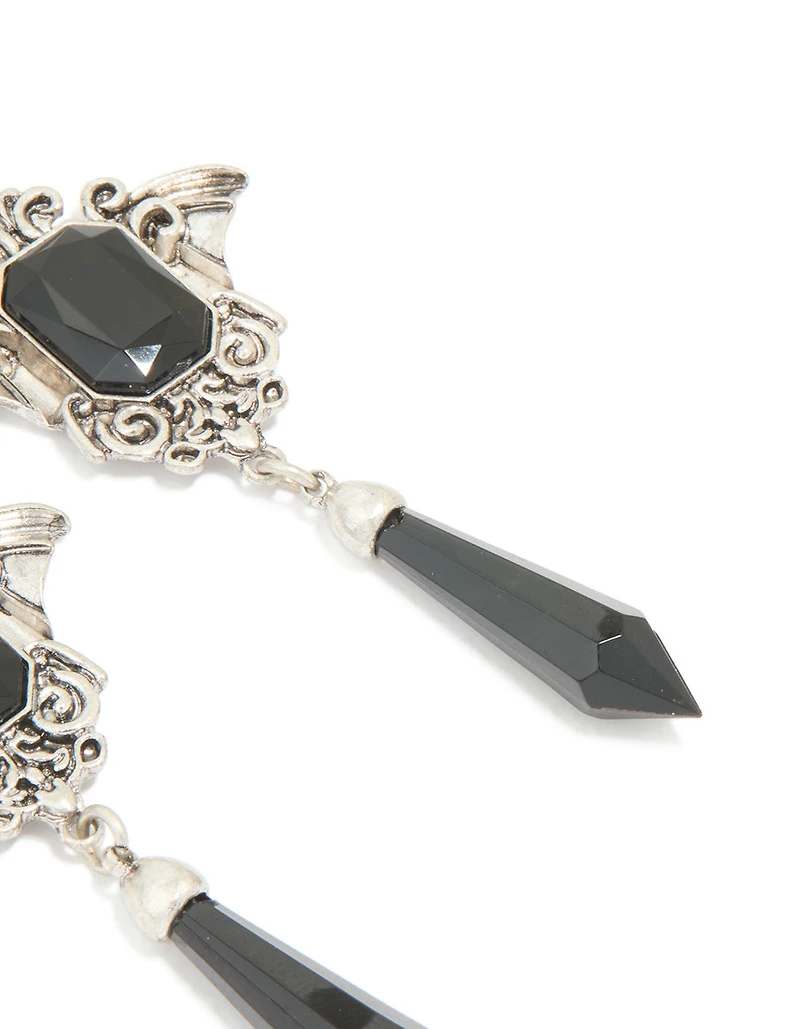 Antique Silver Black Gothic Cross Drop Earrings