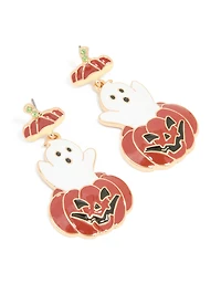 Gold Friendly Ghost Pumpkin Drop Earrings