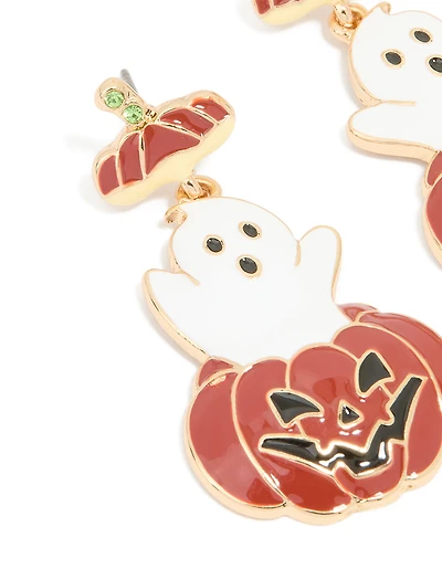Gold Friendly Ghost Pumpkin Drop Earrings