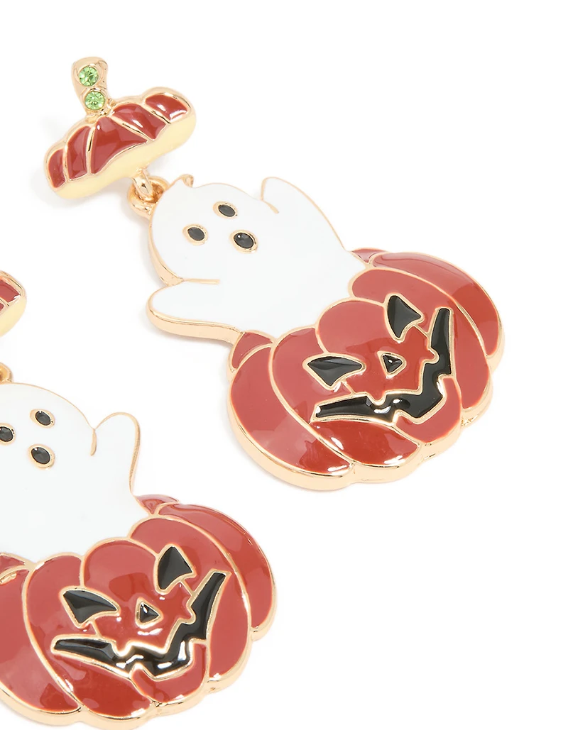 Gold Friendly Ghost Pumpkin Drop Earrings