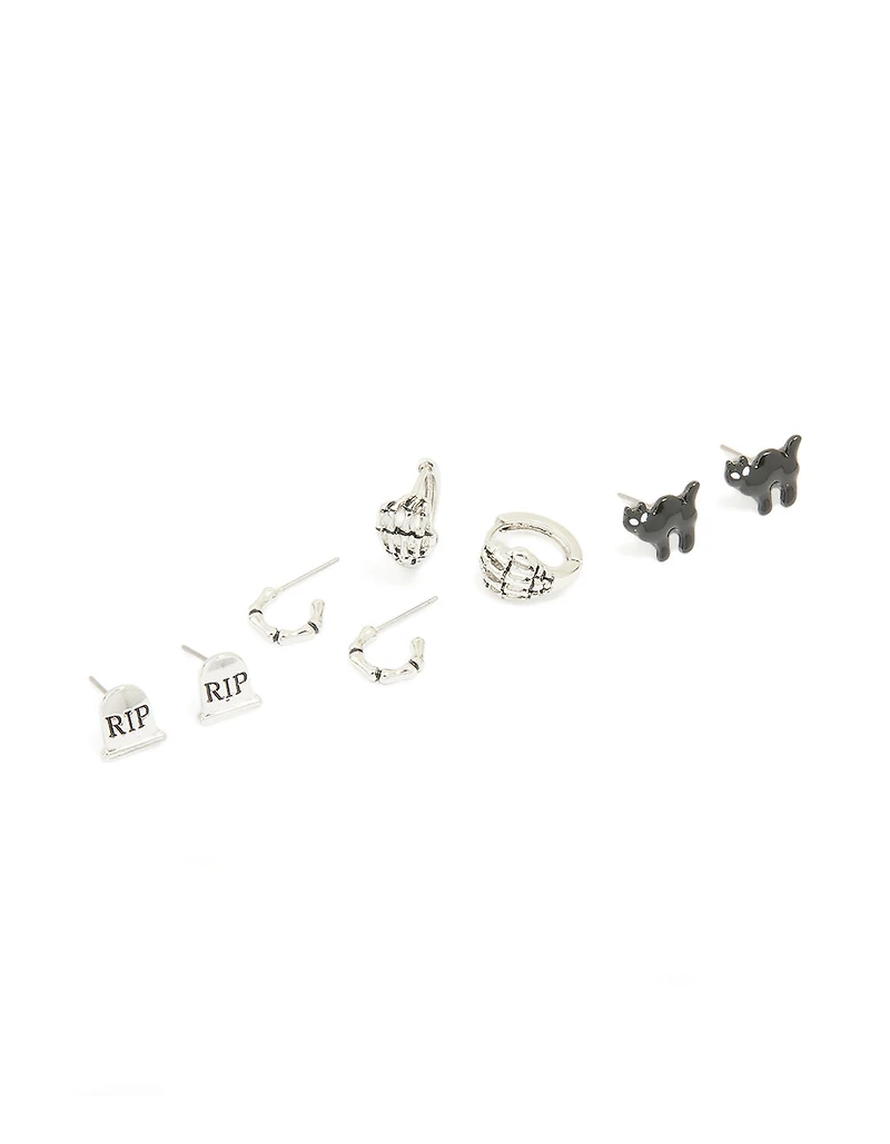 Antique Silver Graveyard & Black Cat Earrings 4-Pack
