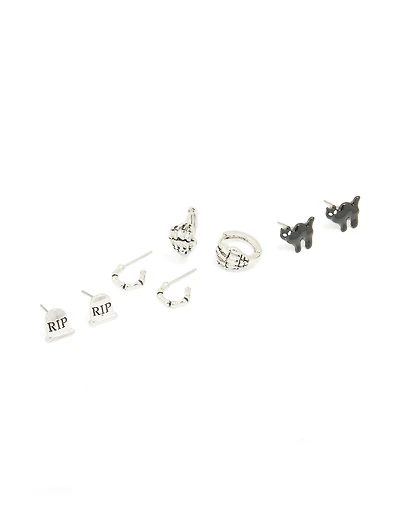 Antique Silver Graveyard & Black Cat Earrings 4-Pack