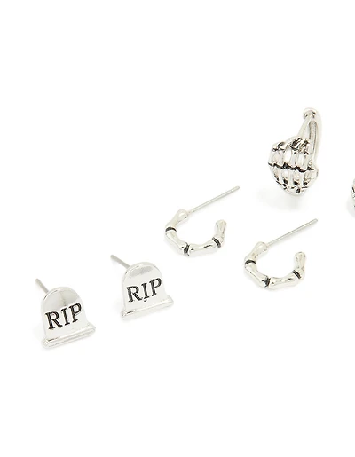Antique Silver Graveyard & Black Cat Earrings 4-Pack