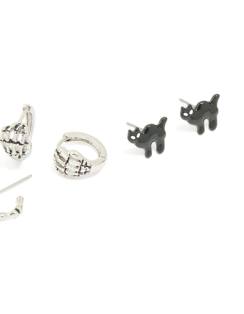 Antique Silver Graveyard & Black Cat Earrings 4-Pack