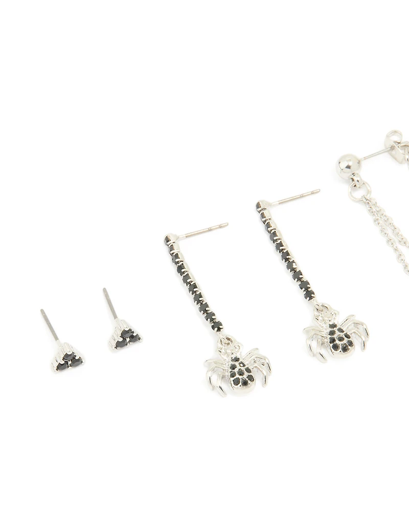 Silver Black Diamante Spider & Cross Stud Earrings 4-Pack