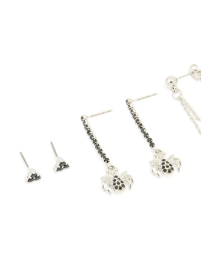 Silver Black Diamante Spider & Cross Stud Earrings 4-Pack