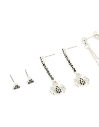 Silver Black Diamante Spider & Cross Stud Earrings 4-Pack