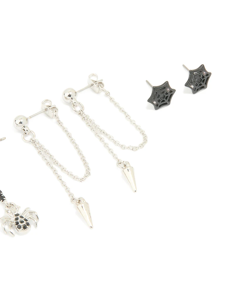 Silver Black Diamante Spider & Cross Stud Earrings 4-Pack