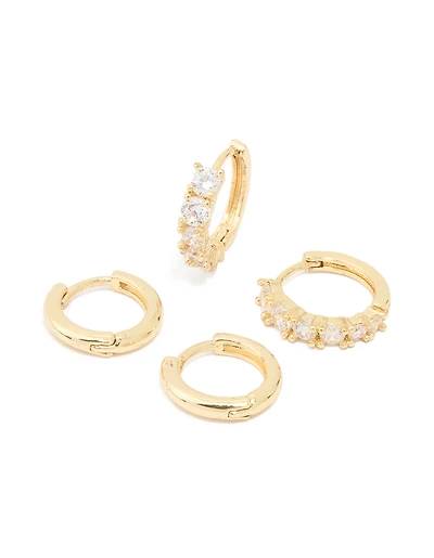 Gold Plated Brass Cubic Zirconia Baguette & Smooth Mini Huggie Earrings Pack
