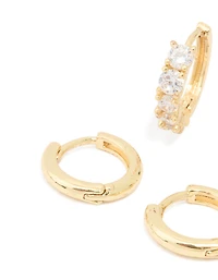 Gold Plated Brass Cubic Zirconia Baguette & Smooth Mini Huggie Earrings Pack