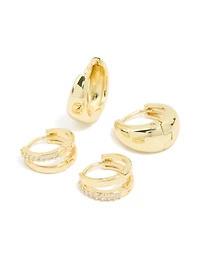 Gold Plated Brass Cubic Zirconia & Smooth Huggie Earrings 2-Pack
