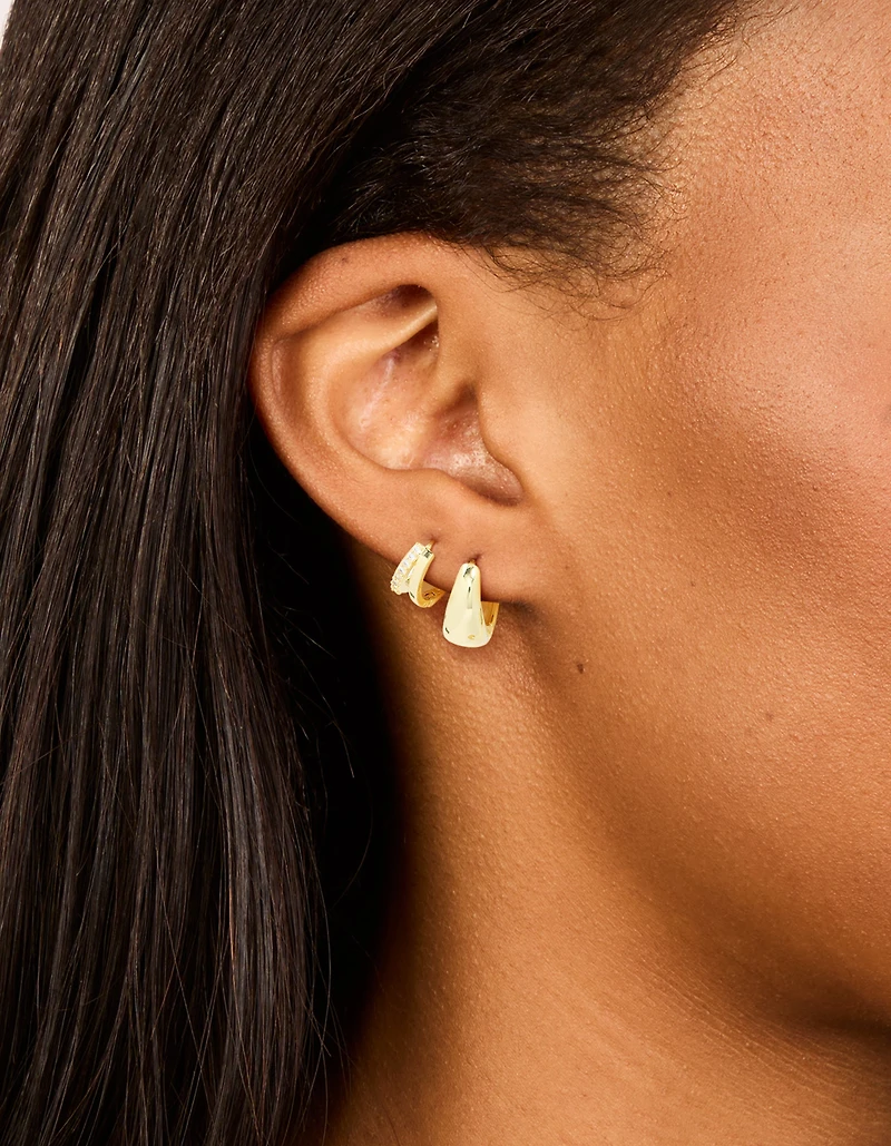 Gold Plated Brass Cubic Zirconia & Smooth Huggie Earrings 2-Pack