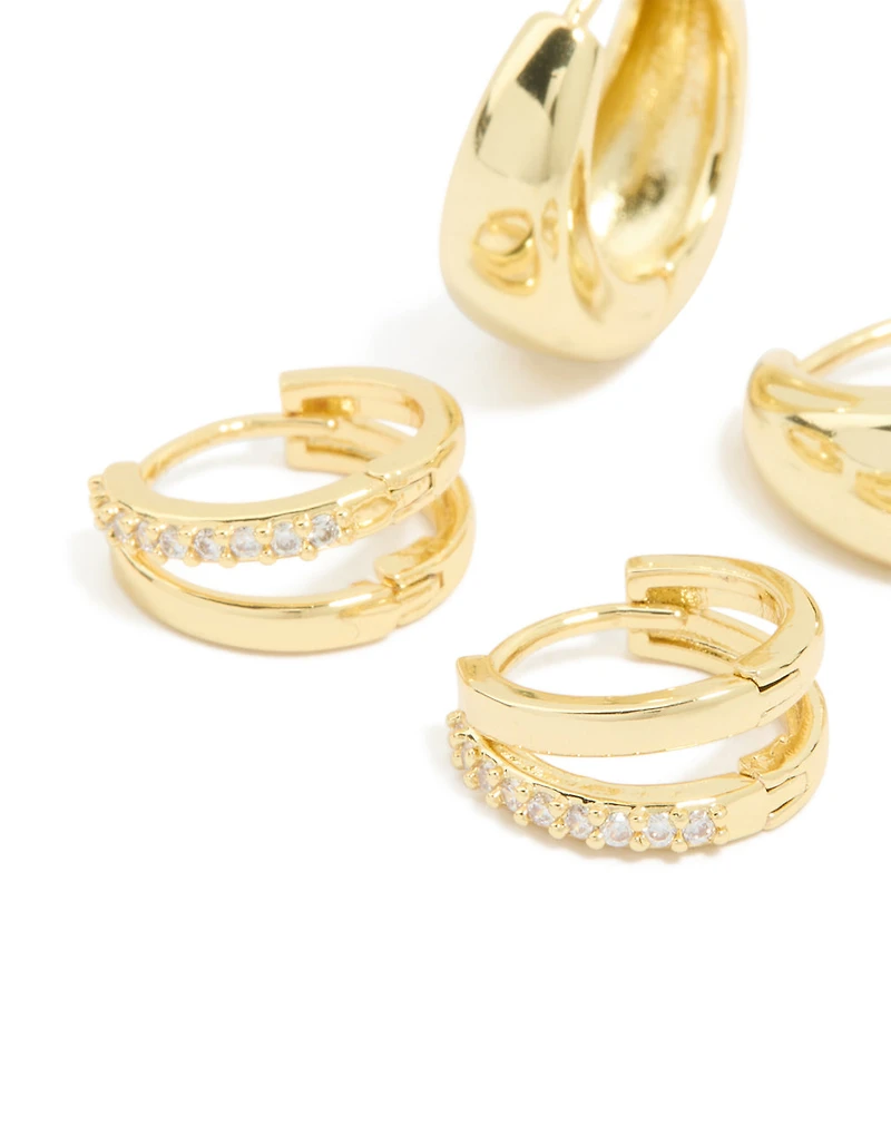 Gold Plated Brass Cubic Zirconia & Smooth Huggie Earrings 2-Pack